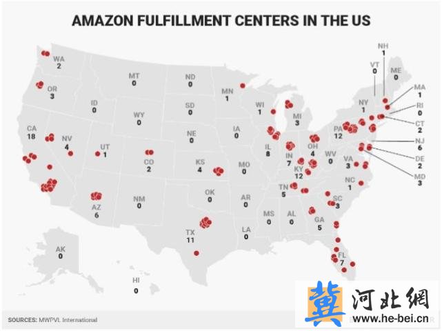 亚马逊仓库地图显示它如何占领美国市场